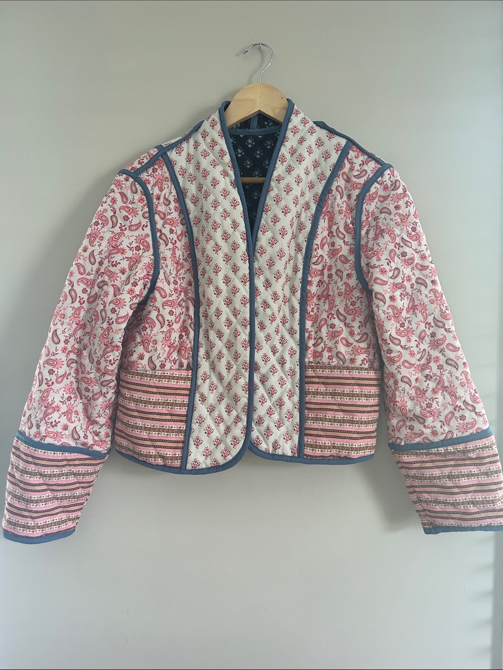 Reversible Pink Floral Quilted Jacket with Blue Floral Quilt on inside